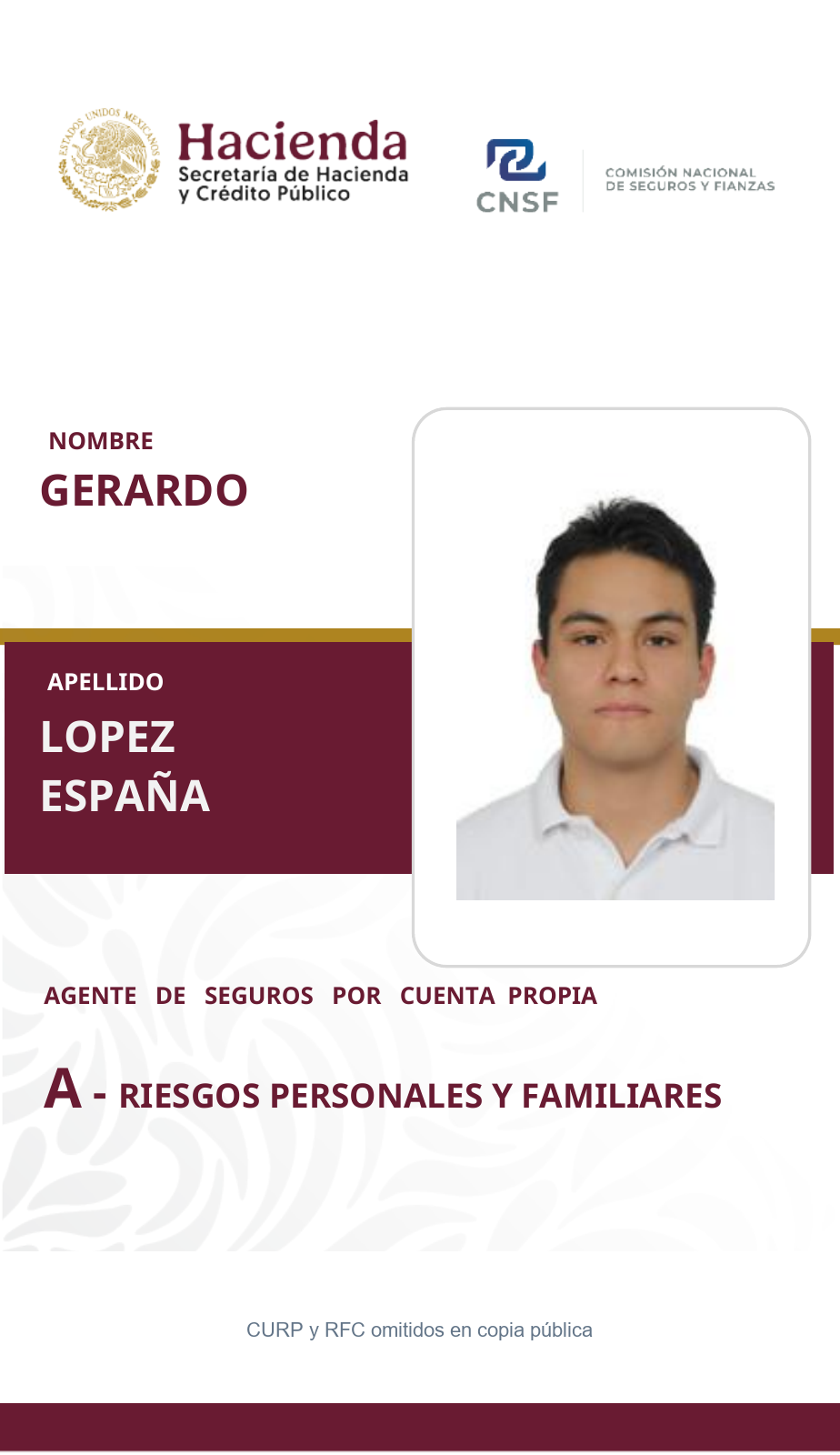 Frente de la cédula CNSF de Gerardo López España, categoría A: Riesgos personales y familiares. CURP y RFC omitidos.