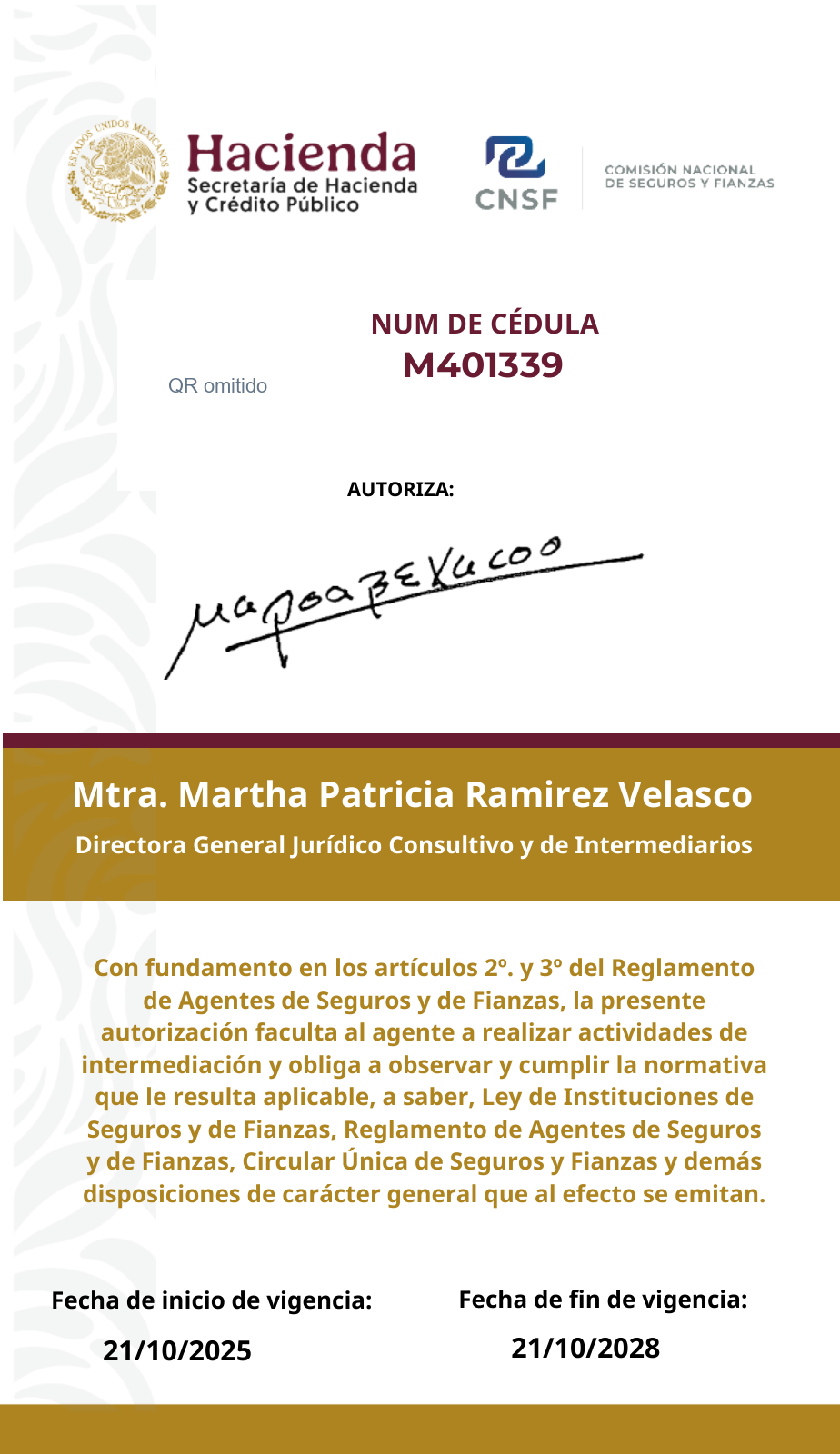 Reverso de la cédula CNSF M401339. Vigencia indicada del 21 de octubre de 2025 al 21 de octubre de 2028. QR omitido.
