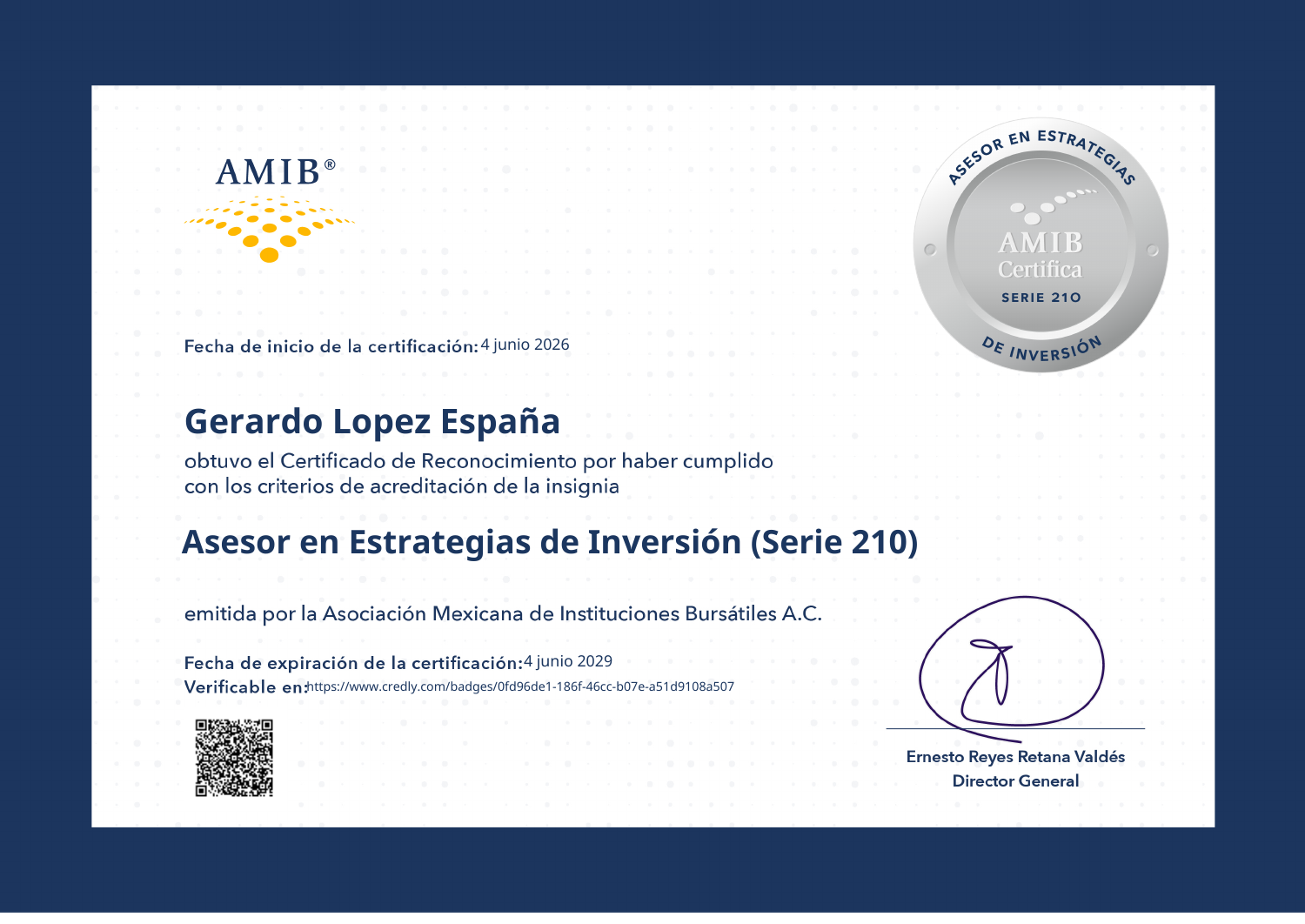 Certificado AMIB de Gerardo Lopez España, Serie 210. Del 4 de junio de 2026 al 4 de junio de 2029.